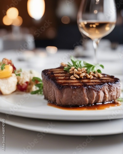 perfectly grilled steak on white plate  at luxury restaurant, bright background

