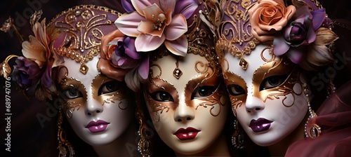 Three women in vibrant venetian carnival costumes on solid color background with copy space
