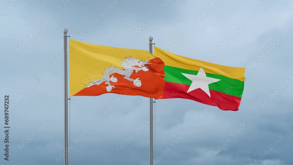 Myanmar aka Burma flag and Bhutan flag waving together on cloudy sky, endless seamless loop, two country relations concept Myanmar aka Burma flag and Bhutan flag waving together on cloudy sky, endless seamless loop, two country relations concept