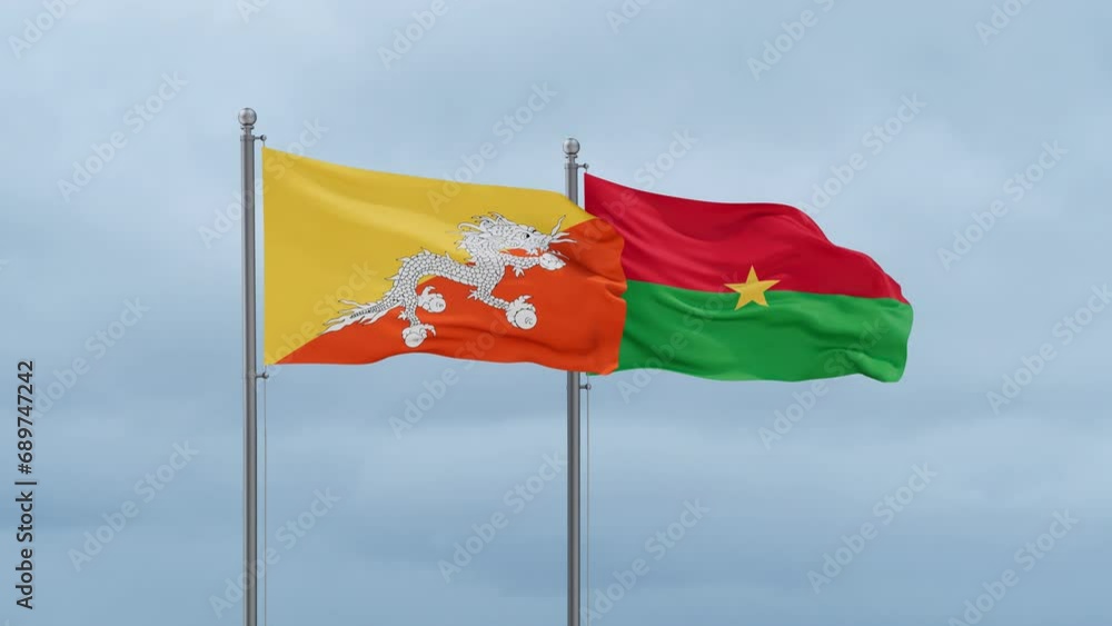 Burkina Faso flag and Bhutan flag waving together on cloudy sky, endless seamless loop, two country relations concept Burkina Faso flag and Bhutan flag waving together on cloudy sky, endless seamless loop, two country relations concept