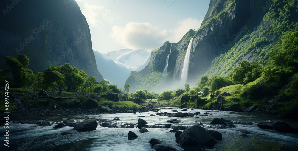 nature landscape with waterfall and green mountain, landscape with mountains and lake, waterfall in the mountains - obrazy, fototapety, plakaty 
