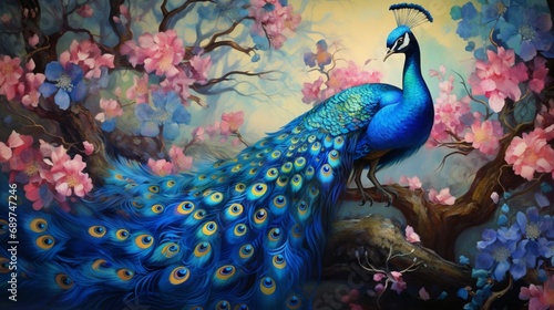 Majestic golden peacock surrounded by vibrant azure flowers in a lush garden