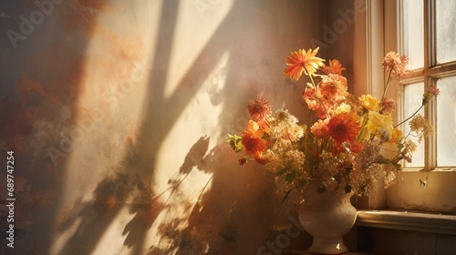 A burst of wall flowers near a window  the sunlight enhancing their natural glow against the interior wall.