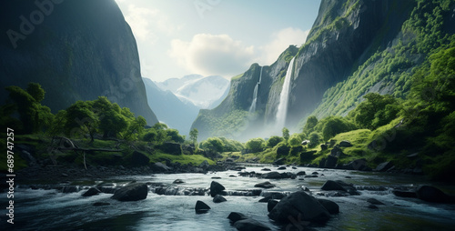 nature landscape with waterfall and green mountain, landscape with mountains and lake, waterfall in the mountains photo