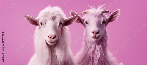 Stylish happy goats posing on solid pastel background with copy space for text placement