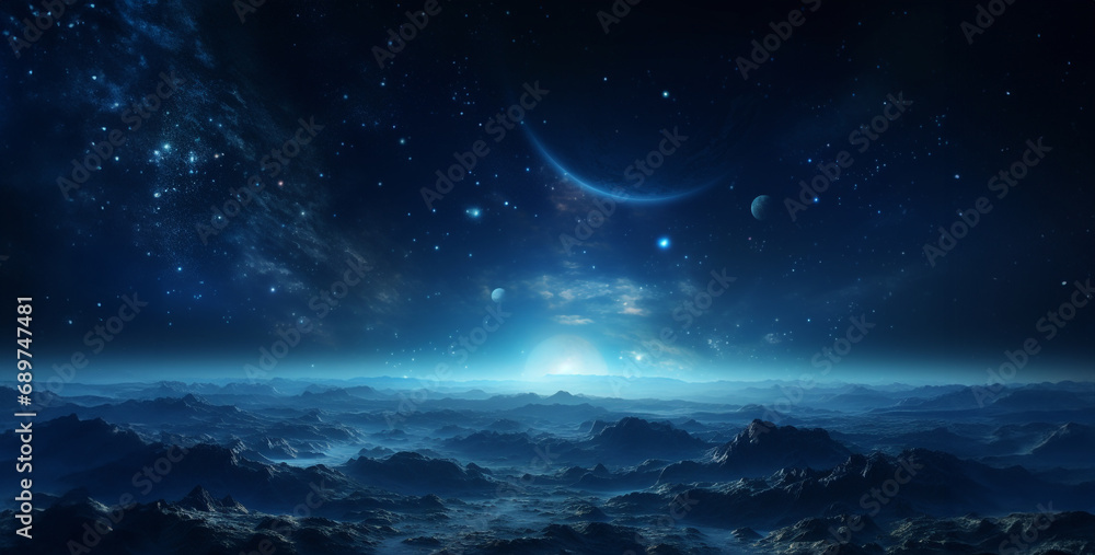night sky with stars and clouds, an awe-inspiring cinematic shot of a view of a planet, spaceship and planet, spaceship and earth, landscape with moon and stars