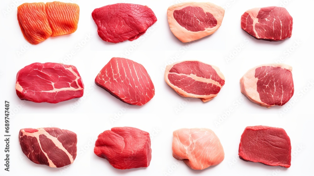 Assortment of various raw steaks, top viewFresh cuts of meat isolated on a clean white background. Assortment of various raw steaks, top viewFresh cuts of meat isolated on a clean white background.