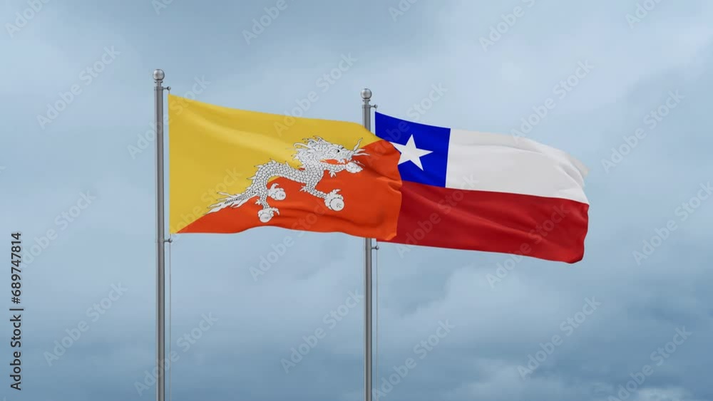 Chile flag and Bhutan flag waving together on cloudy sky, endless seamless loop, two country relations concept Chile flag and Bhutan flag waving together on cloudy sky, endless seamless loop, two country relations concept