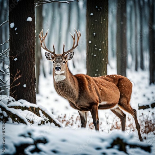 A deer in the snowy forest