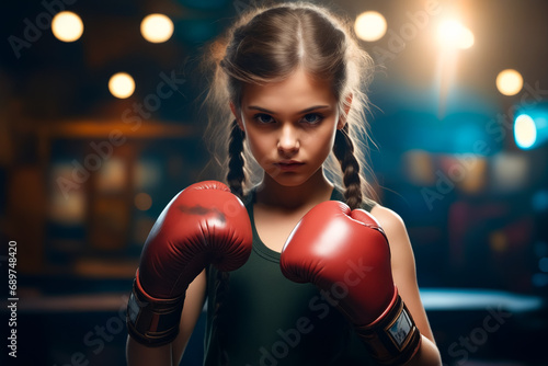 Young girl wearing boxing gloves in boxing ring. photo