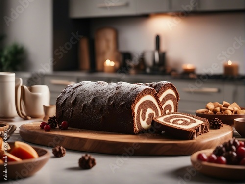 home made Yule Log cake, bright decorative kitchen background