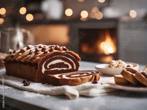 home made Yule Log cake, bright decorative kitchen background