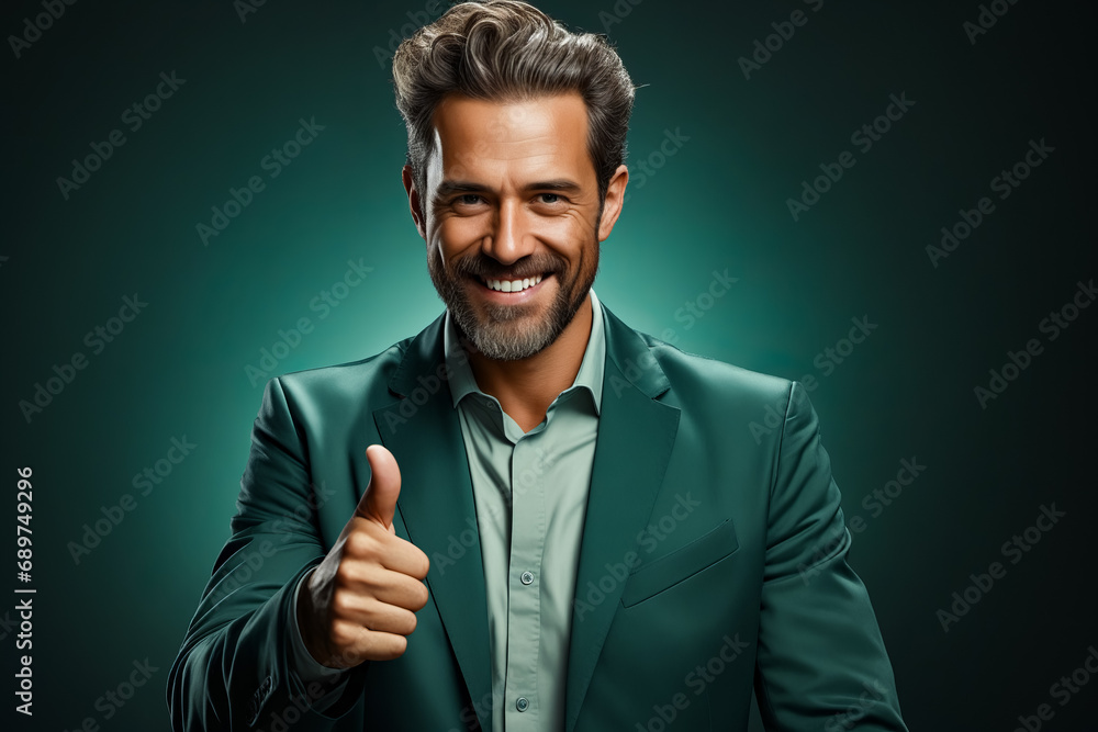 Man in suit giving thumbs up sign.