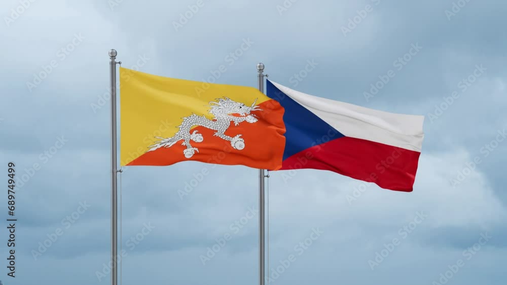 Czech Republic flag and Bhutan flag waving together on cloudy sky, endless seamless loop, two country relations concept Czech Republic flag and Bhutan flag waving together on cloudy sky, endless seamless loop, two country relations concept