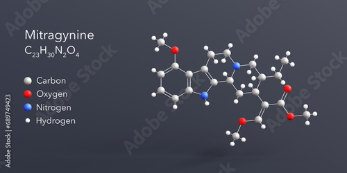 Wallpaper Mural mitragynine molecule 3d rendering, flat molecular structure with chemical formula and atoms color coding Torontodigital.ca