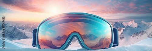 Ski face mask on snow with alps on background. Skiing or snowboarding goggles with mountains reflection Winter sporting activity equipment. Sport winter landscape for banner, poster, card photo