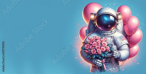 Cyber Suit Astronaut in Helmet With Pink Roses, Pink Balloon. Holiday Banner on Blue Backgrounds with Space Man Congratulating. Copy Space for Messages and Greetings.