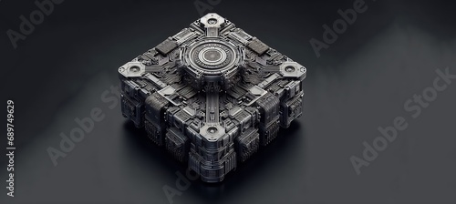 Futuristic Quantum Computing: Microchip Processor on Black Grey Background. Central Processing Unit Concept for Large Data Processing and Database. Isometric Banner 