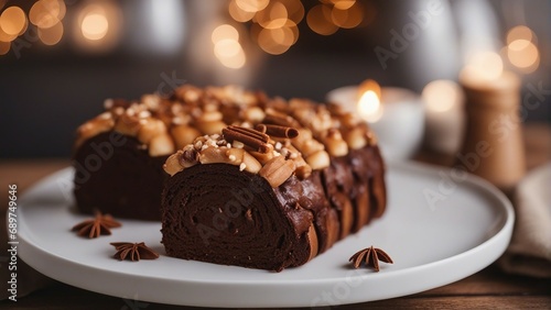 home made Yule Log cake, bright decorative kitchen background