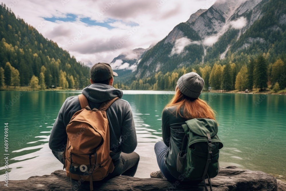 A couple enjoying a peaceful moment as they sit on a log and admire the beautiful view of a lake. Perfect for travel or nature-related projects