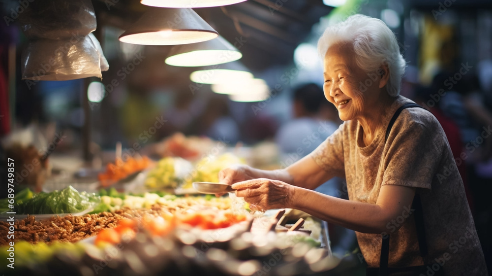 copy space, stockphoto, Elderly asian lady shopping on the food market. Buying food on local markets. Reducing ecological food-print. Retired asian woman on a food market with fresh fruit and vegetabl