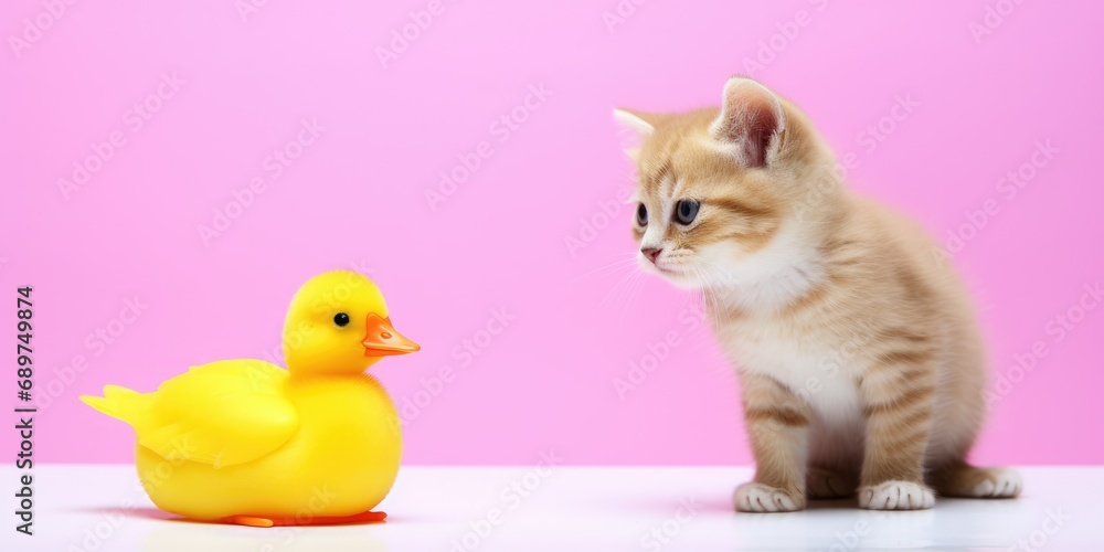 A little cat and a rubber duck,