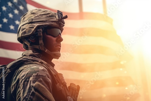 A soldier standing proudly in front of an American flag. Suitable for patriotic and military-themed designs