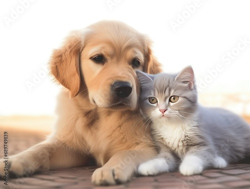 a dog lying next to a cat,