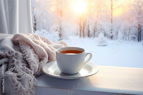 A cup of coffee sitting on a saucer on a window sill. Perfect for cozy home decor or coffee shop themes