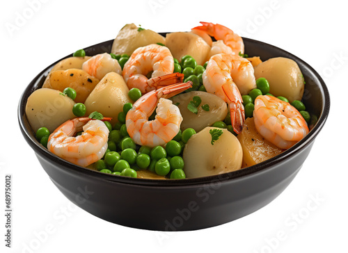 Shrimp with peas and potatoes on transparent background. Generative AI.