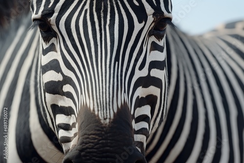 A detailed close-up view of a zebra s face. Perfect for nature enthusiasts and animal lovers