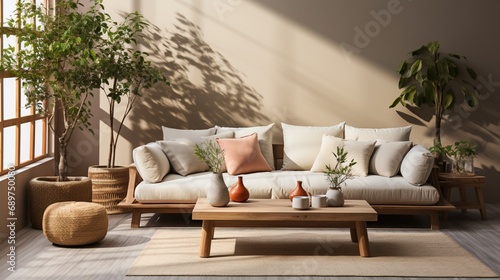 A tastefully decorated space featuring a beige sofa paired with a modern table holding an elegant plant. The room excudes a calming atmosphere.