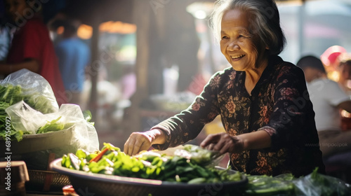 copy space, stockphoto, Elderly asian lady shopping on the food market. Buying food on local markets. Reducing ecological food-print. Retired asian woman on a food market with fresh fruit and vegetabl © Dirk