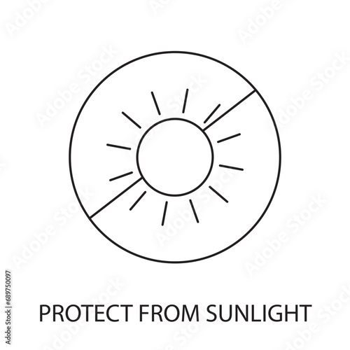 Keep away from sunlight vector line icon for food packaging, illustration of sun in crossed out circle