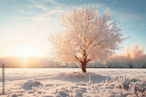 A picture of a snow covered tree in a snowy field. Perfect for winter landscapes and nature scenes