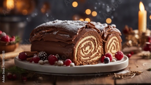 home made Yule Log cake, bright decorative kitchen background