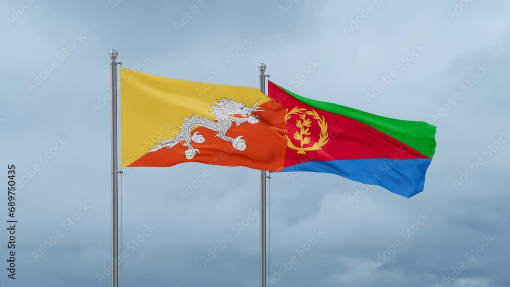 Eritrea and Bhutan flag waving together on cloudy sky, endless seamless loop, two country cooperation concept Eritrea and Bhutan flag waving together on cloudy sky, endless seamless loop, two country cooperation concept