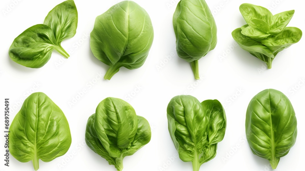 Set of highly detailed fresh green basil leaves grown in a herb garden, isolated on white background Set of highly detailed fresh green basil leaves grown in a herb garden, isolated on white background