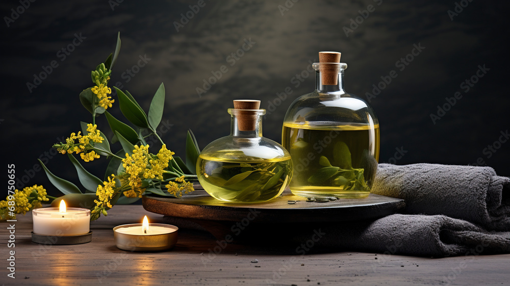 Spa salon composition in wellness center. Spa still life background with aromatic candle, yellow flowers, massage oil and towel. Beauty spa treatment and relax. Relaxing background. Massage room