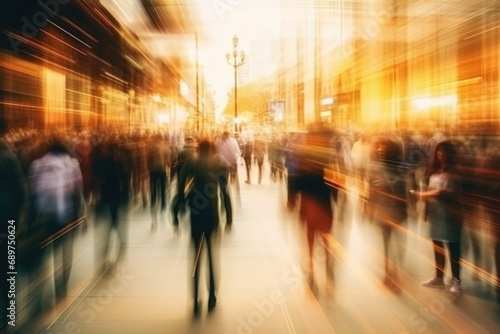 Blurry image of people walking down a street. Suitable for various applications