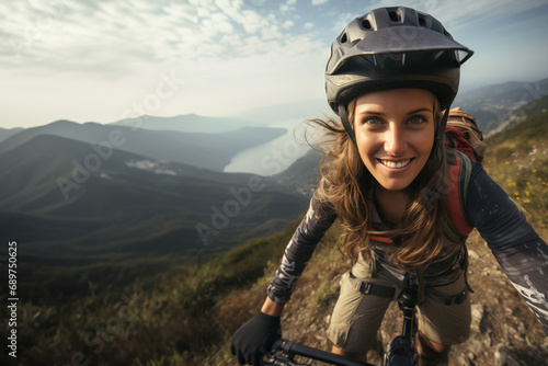 A female mountainbiker ascending a steep slope on the mountains. photo