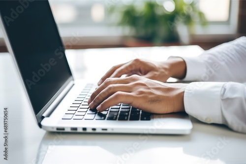 A close-up shot of a person typing on a laptop. Perfect for illustrating work  productivity  technology  or remote work concepts