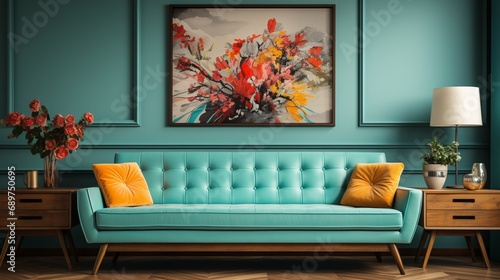 The mid-century living room  featuring a turquoise fabric sofa and wall-mounted cabinets against a warm wood lining room.