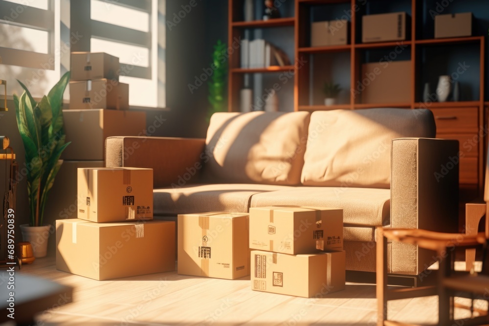 A living room filled with boxes and a couch. Perfect for moving or storage-related content A living room filled with boxes and a couch. Perfect for moving or storage-related content