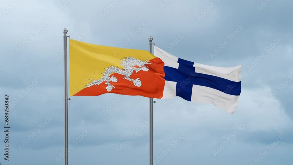 Finland flag and Bhutan flag waving together on cloudy sky, endless seamless loop, two country relations concept Finland flag and Bhutan flag waving together on cloudy sky, endless seamless loop, two country relations concept