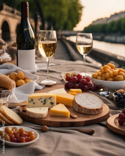 luxury picnic with cheese plateau and wine by the Seine river Paris, golden hour