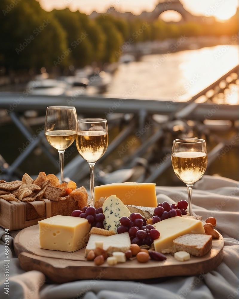 luxury picnic with cheese plateau and wine by the Seine river Paris, golden hour

