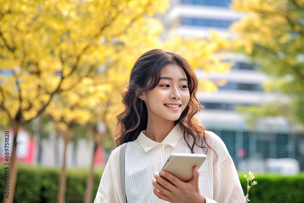 Smiling happy cute Asian young woman, student holding cellphone looking away with smartphone technology device in hand walking in college park outside using apps on mobile phone, authentic shot. Smiling happy cute Asian young woman, student holding cellphone looking away with smartphone technology device in hand walking in college park outside using apps on mobile phone, authentic shot.