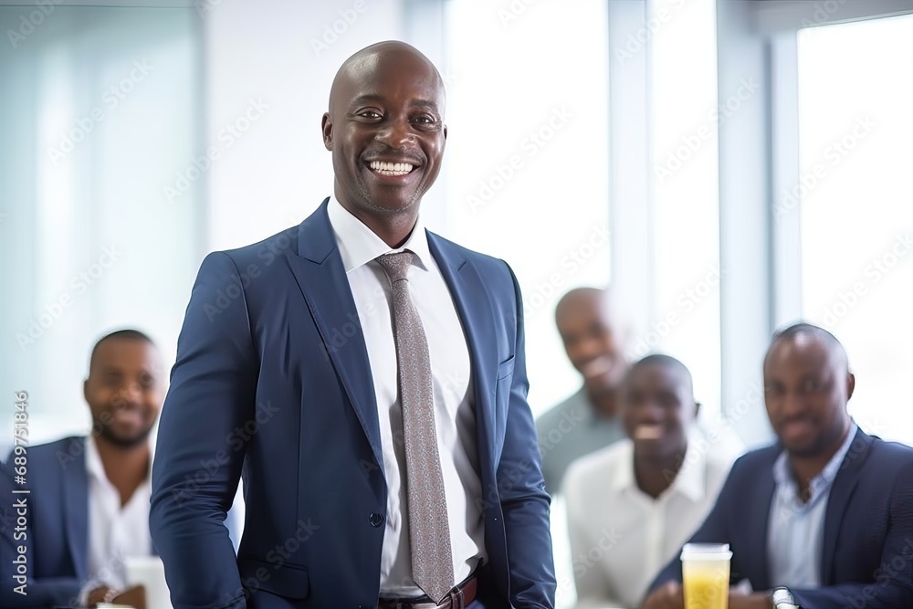 Confident older middle aged business man manager standing at office team meeting. Portrait of elegant smiling professional senior male company executive leader crossing arms in board room.