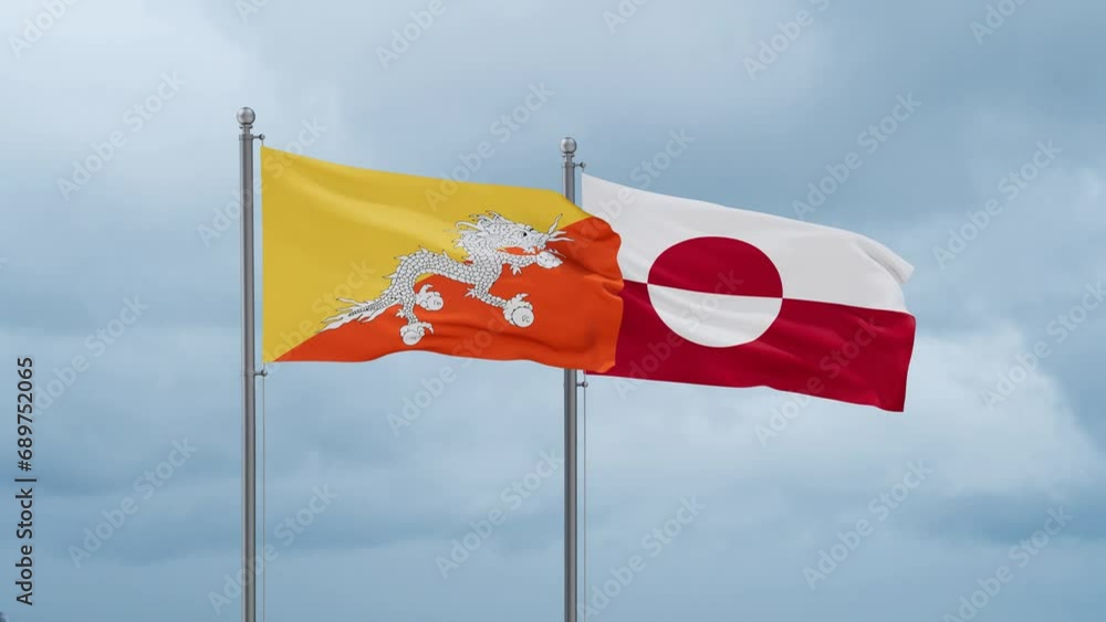 Greenland flag and Bhutan flag waving together on cloudy sky, endless seamless loop, two country relations concept Greenland flag and Bhutan flag waving together on cloudy sky, endless seamless loop, two country relations concept